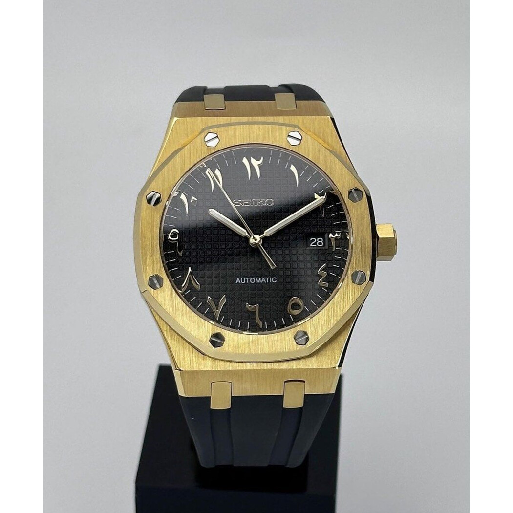 Custom Seiko Mod • Black Gold Arabic AP on rubber strap • 41mm